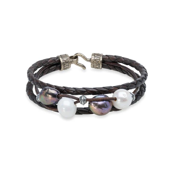 WB590X Pulsera Plata de Palo Mujer Dalia con Plata 925, cuero y perlas de agua dulce