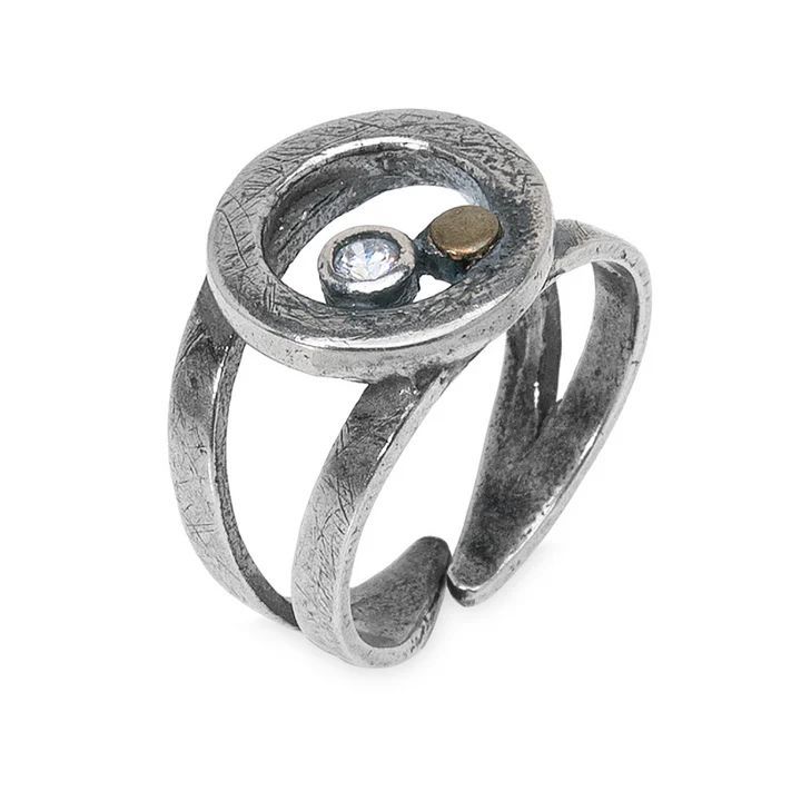 WE265X Anillo PLATA DE PALO colección ENSO de mujer con circunferencia en plata de ley 925 y un punto de bronce y circonita