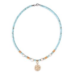 WN159A Collar PANTER de jaspe para mujer cuatro perlas y medalla de bronce