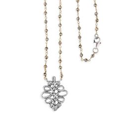 WN244X Collar Roser PLATA DE PALO de mujer  con rosario de pirita y colgante de filigrana con forma de rombo o cenefa de plata 925 original y moderno