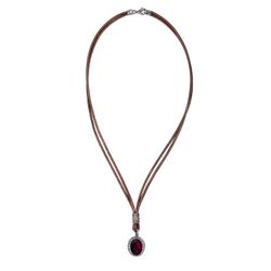 WN265X Collar Plata de Palo refinado de cuero mujer Kurai con de piedra granate y circonitas