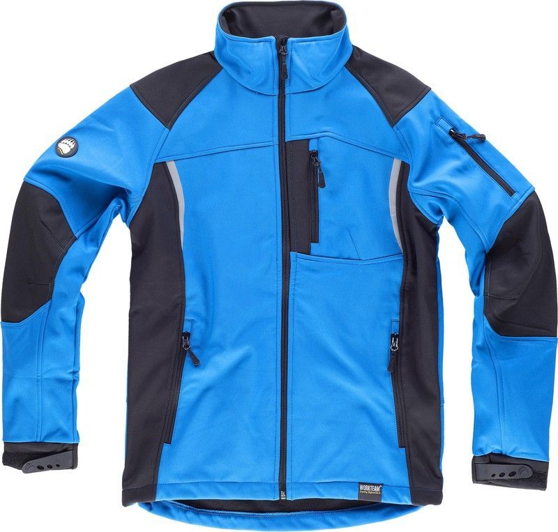 Workshell combinado con detalles reflectantes, un bolsillo en pecho, manga y dos laterales Celeste Negro