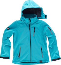 Workshell de mujer con capucha y detalles reflectantes, un bolsillo en pecho y manga Turquesa