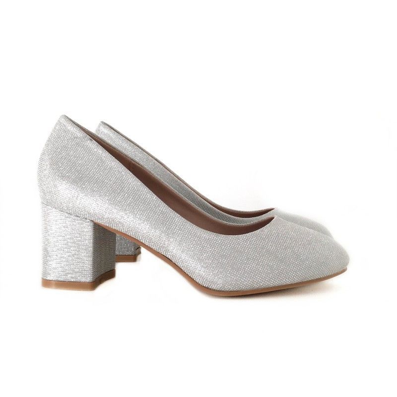 Zapato Tipo Salón Para Mujer Con Tacón Ancho Plata