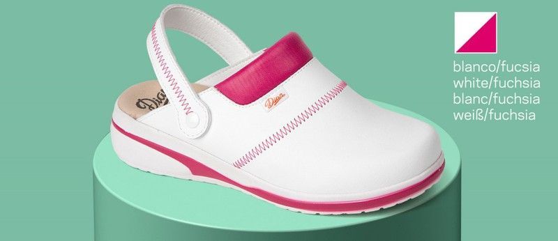 Zueco con correa abatible de sujeción en el talón Blanco / Fucsia