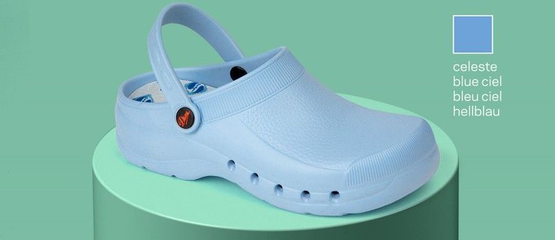 Zueco ultraligero de EVA, libre de látex, monocasco, anatómico y antideslizante.