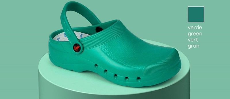 Zueco ultraligero de EVA, libre de látex, monocasco, anatómico y antideslizante.